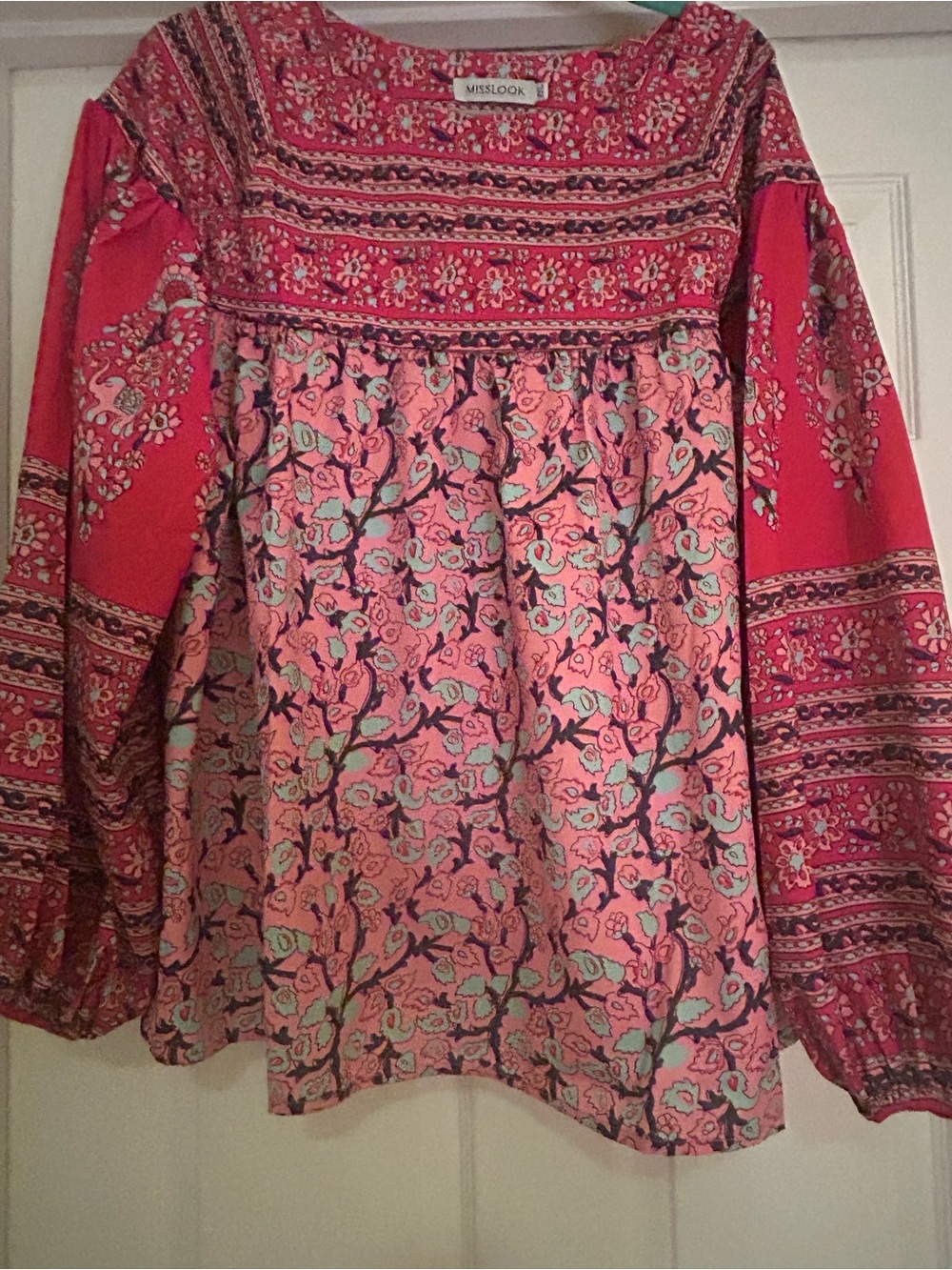MISSLOOK Pink Floral Bohemian Peasant Blouse